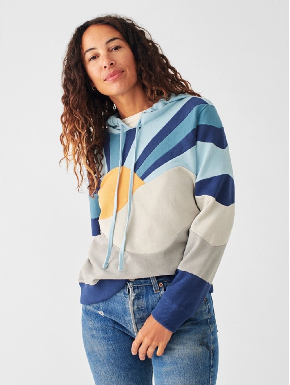 Faherty Women’s Colorblock Pullover Hoodie Blue Gray Mustard Cotton S